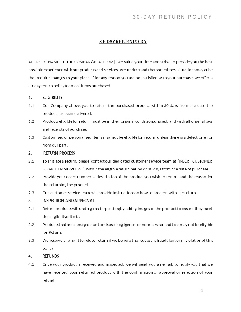 30 DAY RETURN POLICY