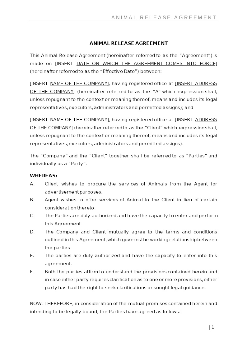 ANIMAL RELEASE AGREEMENT
