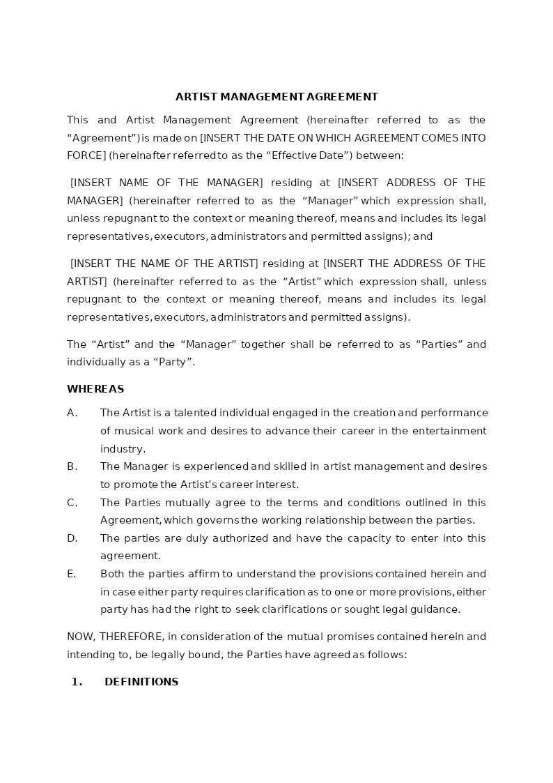 ARTIST MANAGEMENT AGREEMENT