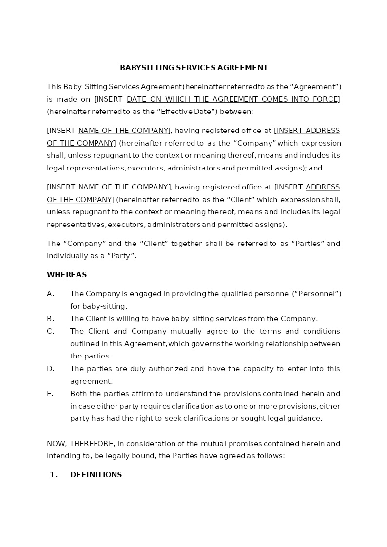 BABYSITTING SERVICES AGREEMENT