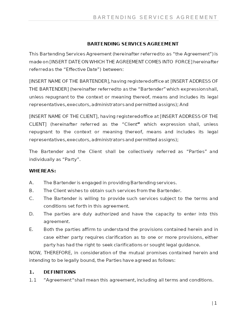 BARTENDING SERVICES AGREEMENT