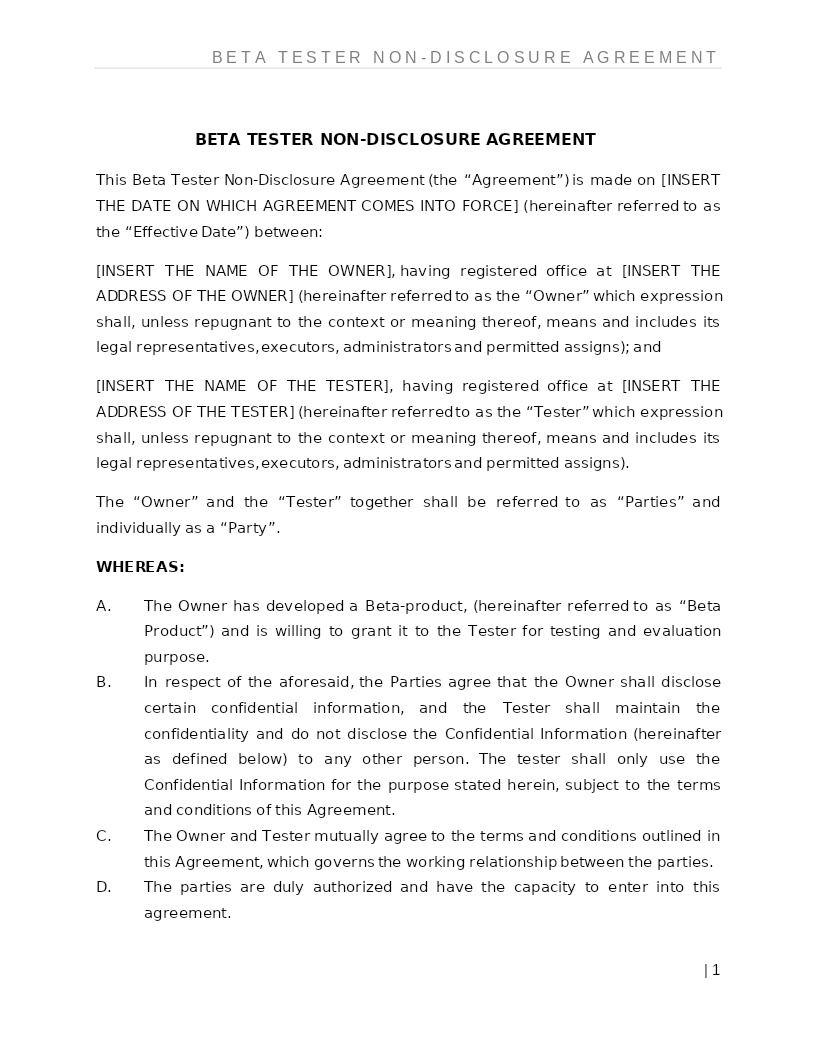 BETA TESTER NDA