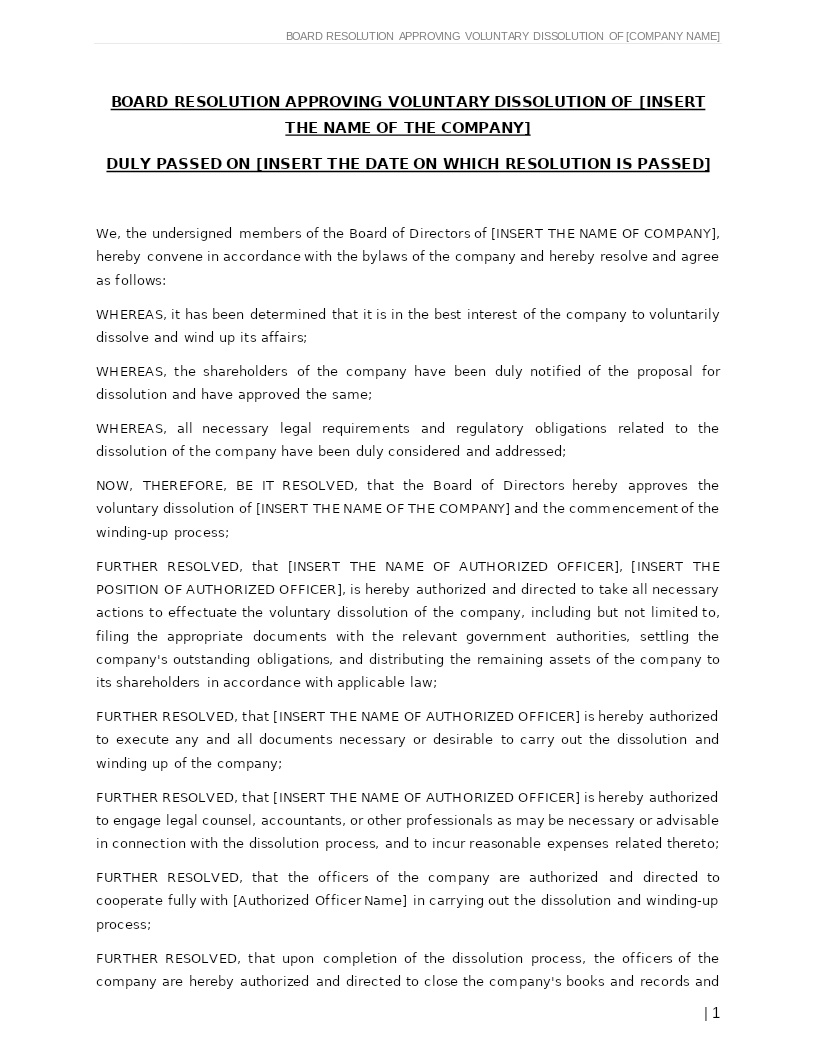 BOARD RESOLUTION APPROVING VOLUNTARY DISSOLUTION