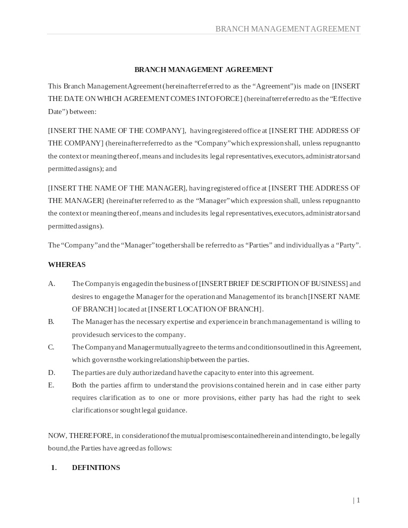 BRANCH MANAGEMENT AGREEMENT