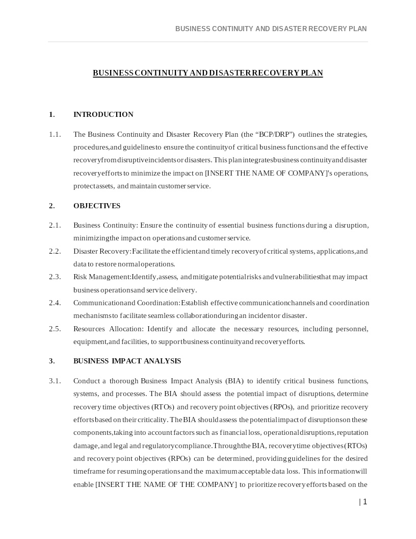 BUSINESS CONTINUITY AND DISASTER RECOVERY PLAN