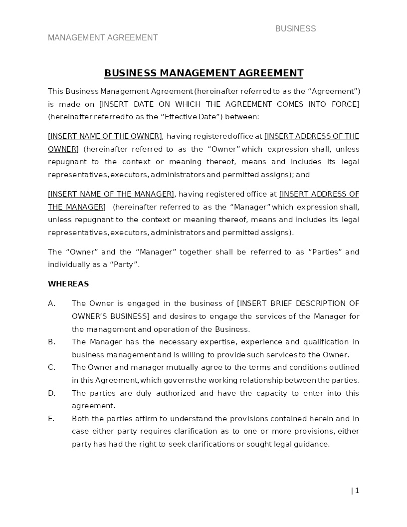 BUSINESS MANAGEMENT AGREEMENT