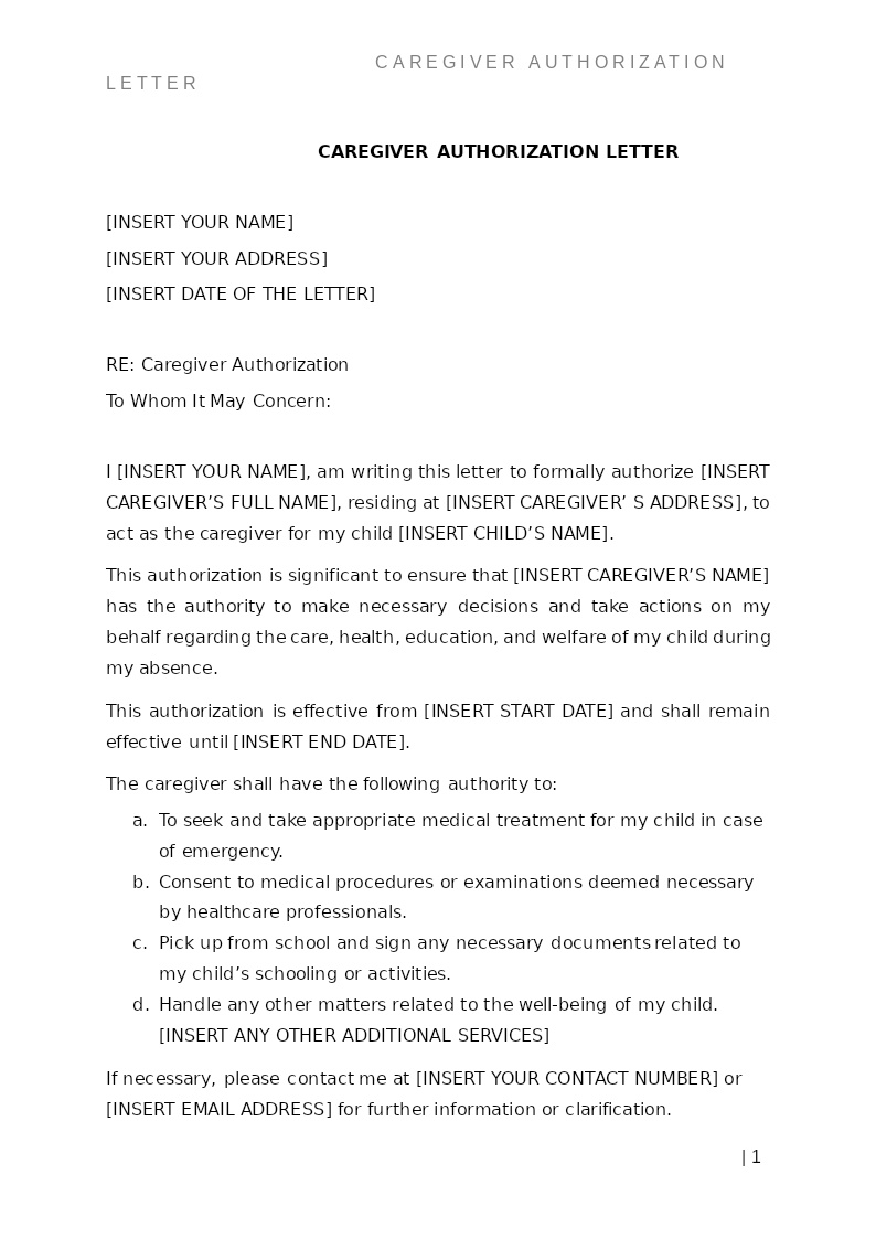 CAREGIVER AUTHORIZATION LETTER