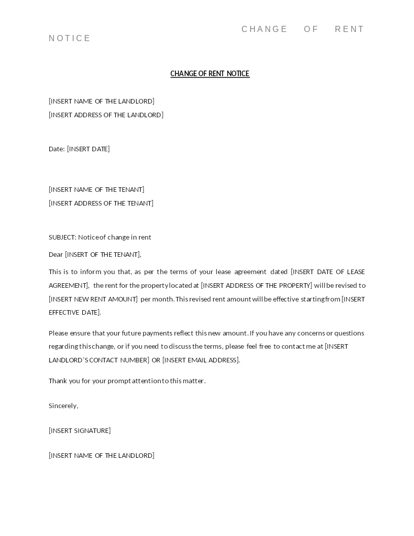 CHANGE OF RENT NOTICE