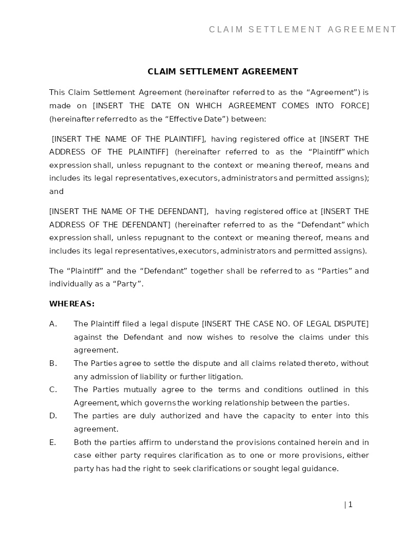 CLAIM SETTLEMENT AGREEMENT