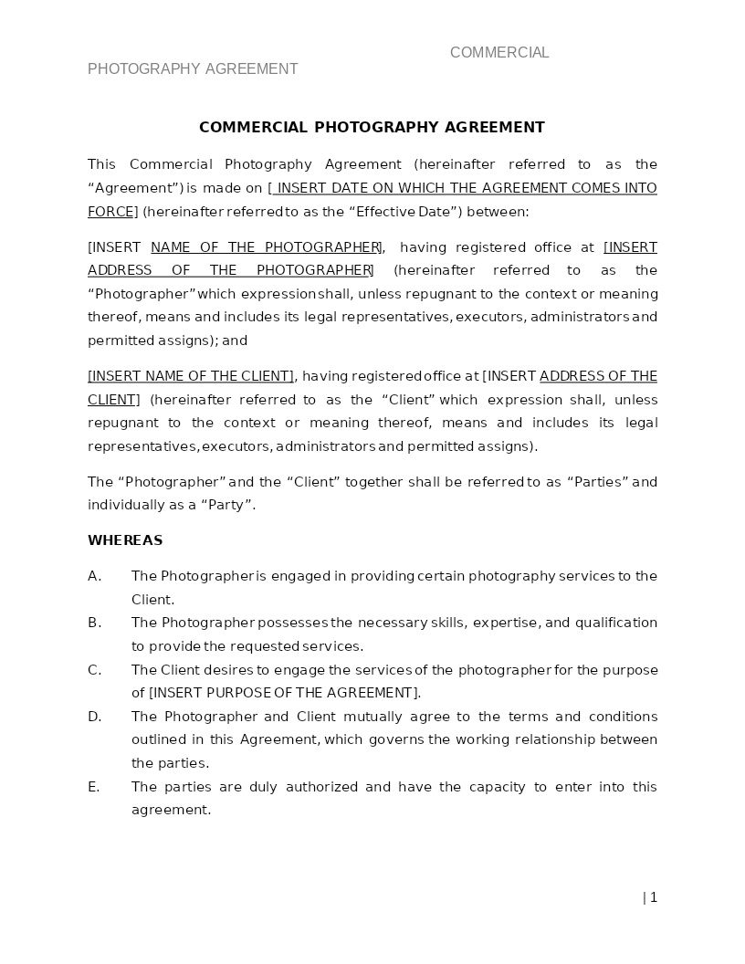 COMMERCIAL PHOTOGRAPHY AGREEMENT