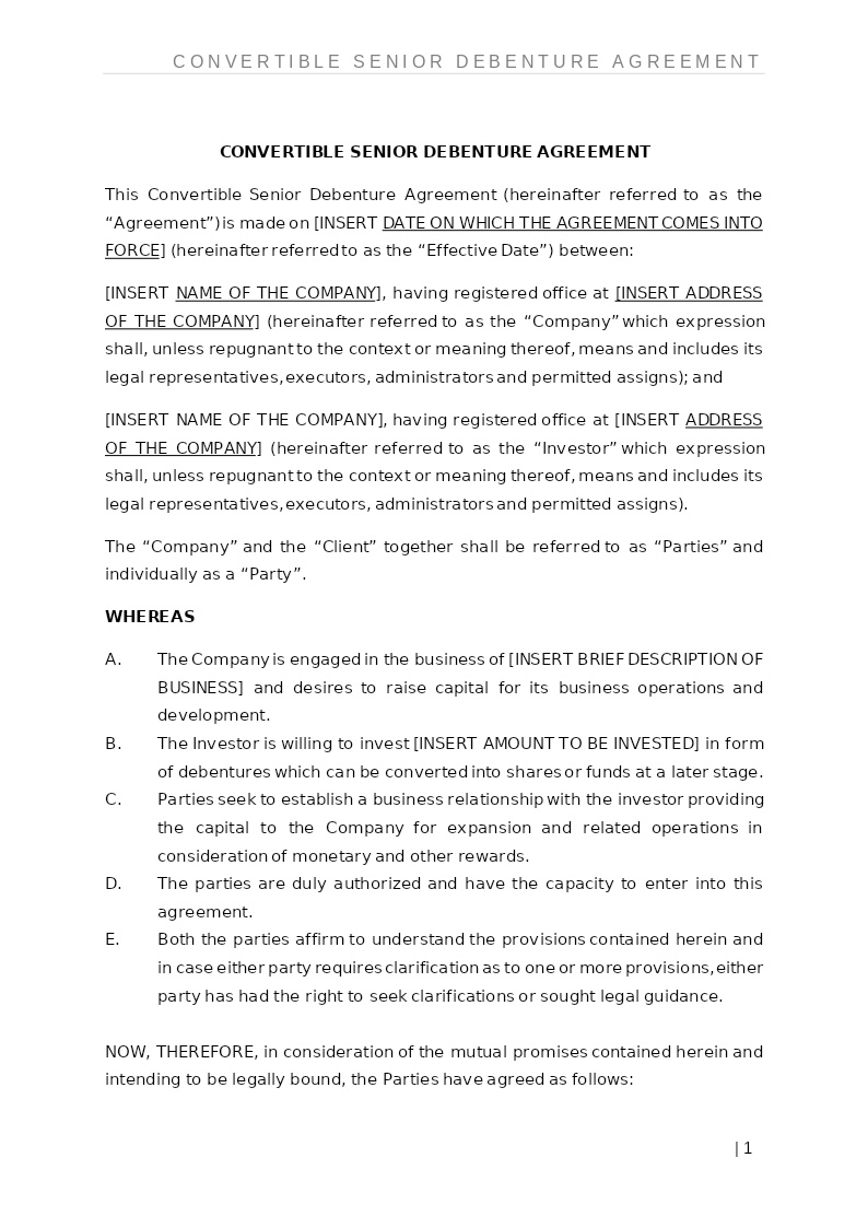 CONVERTIBLE SENIOR DEBENTURE AGREEMENT