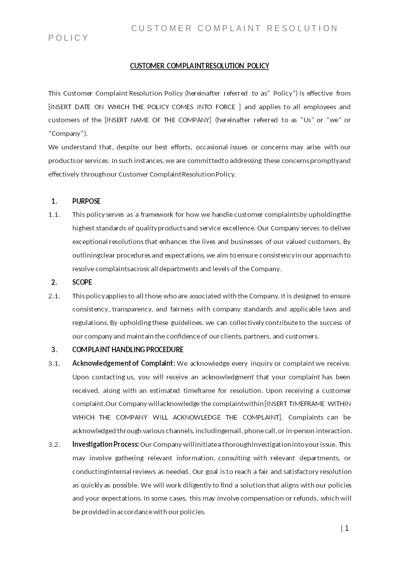 CUSTOMER COMPLAINT RESOLUTION POLICY