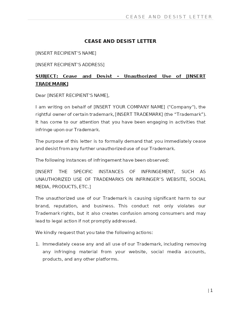 CEASE AND DESIST LETTER (TRADEMARK)