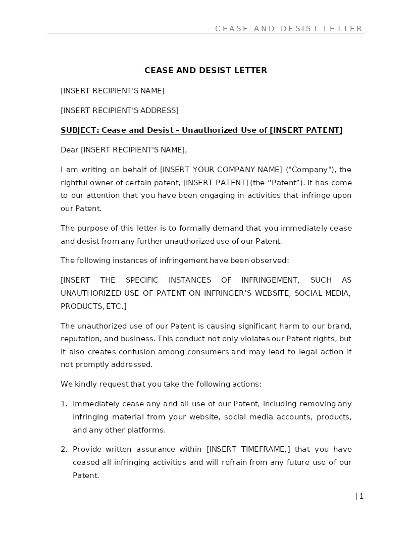CEASE AND DESIST LETTER (PATENT)
