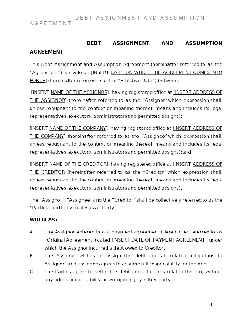 DEBT ASSIGNMENT AND ASSUMPTION AGREEMENT