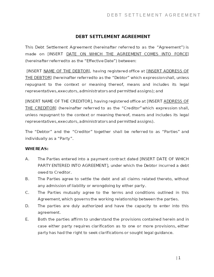 DEBT SETTLEMENT AGREEMENT