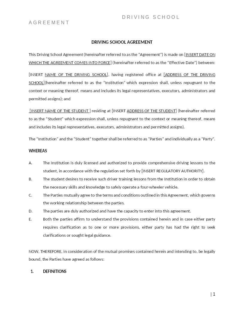 DRIVING SCHOOL AGREEMENT