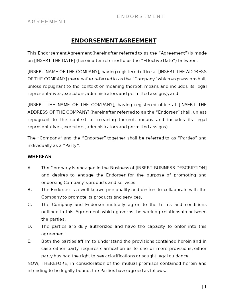 ENDORSEMENT AGREEMENT