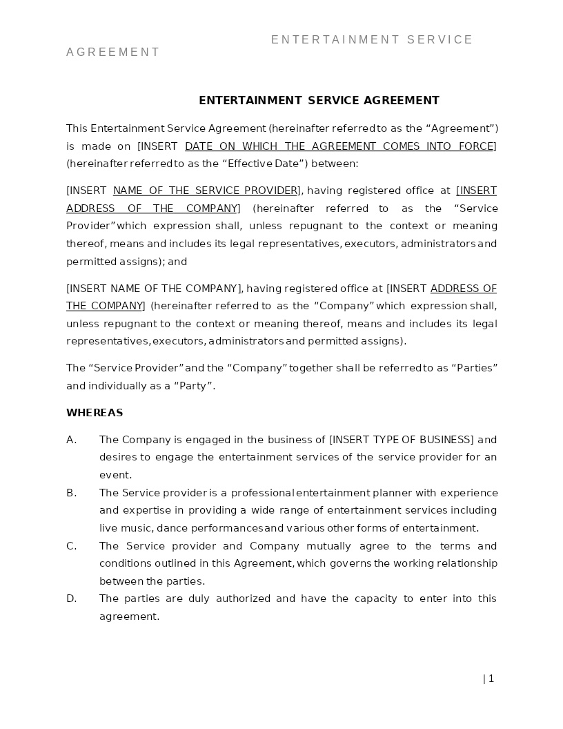 ENTERTAINMENT SERVICE AGREEMENT