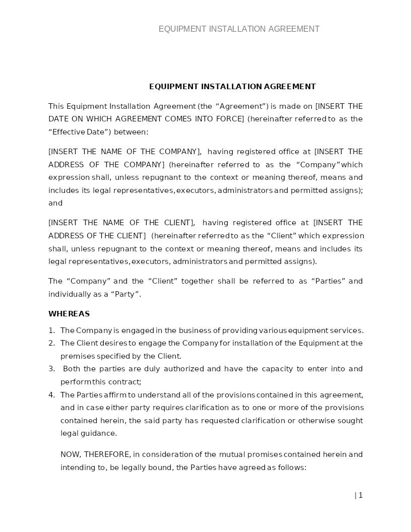 EQUIPMENT INSTALLATION AGREEMENT