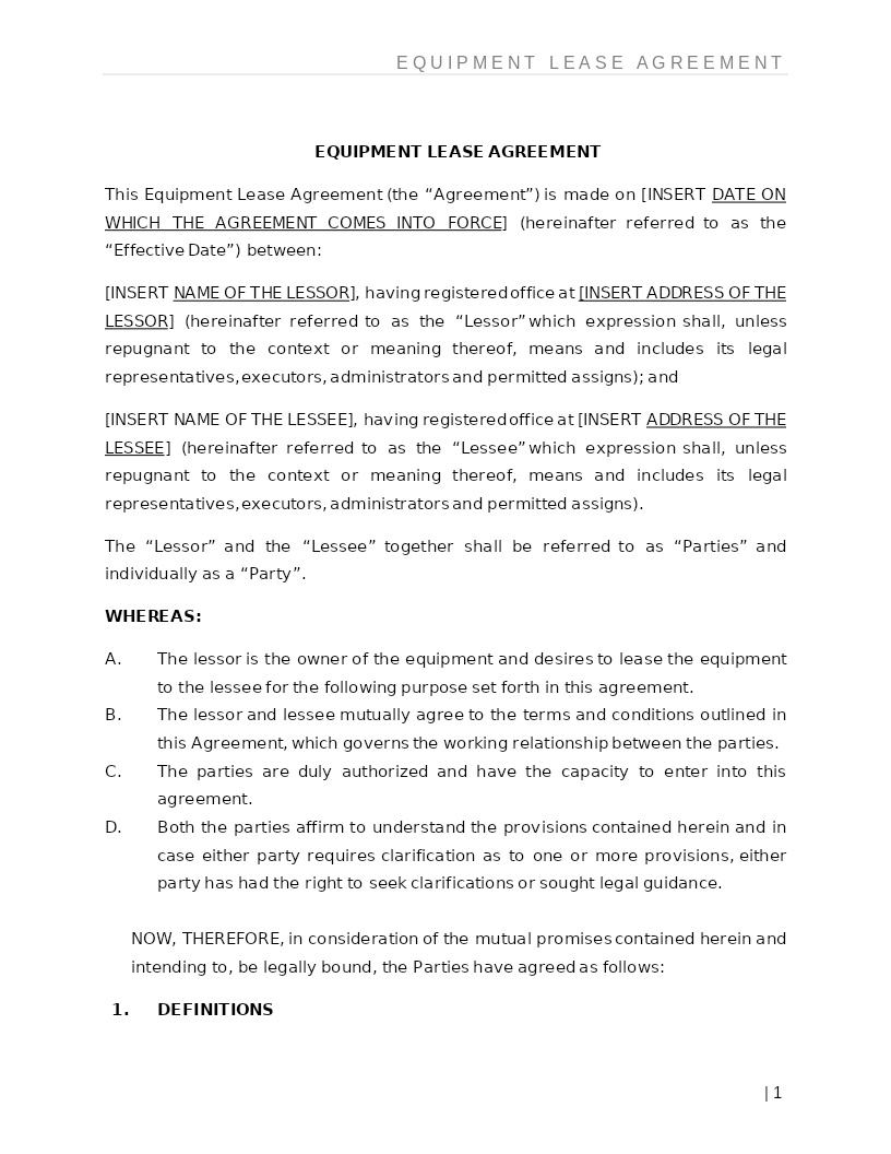 EQUIPMENT LEASE AGREEMENT
