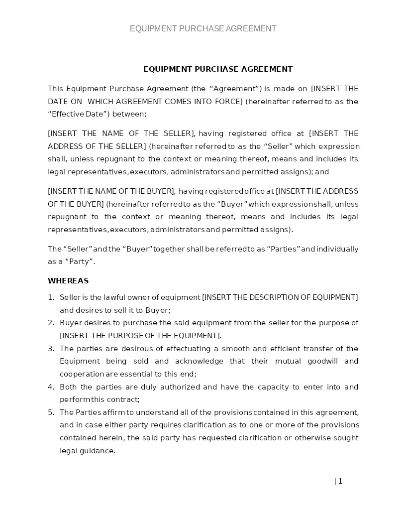 EQUIPMENT  PURCHASE AGREEMENT
