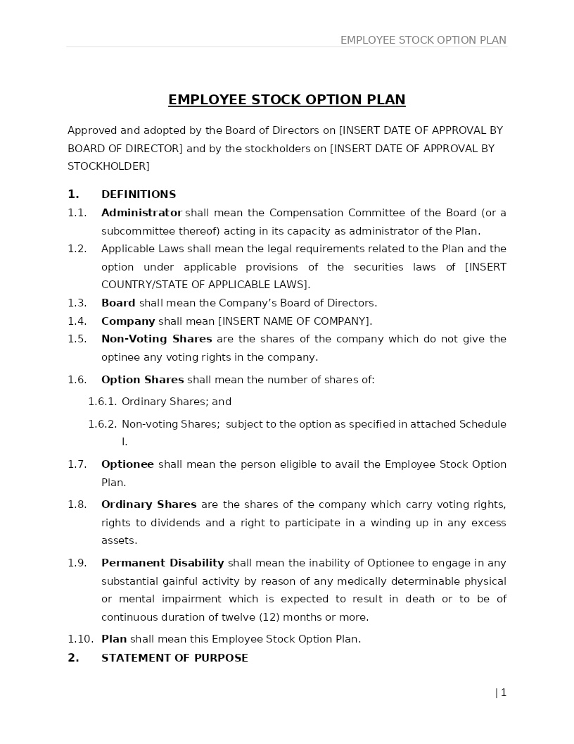 EMPLOYEE STOCK OPTION PLAN