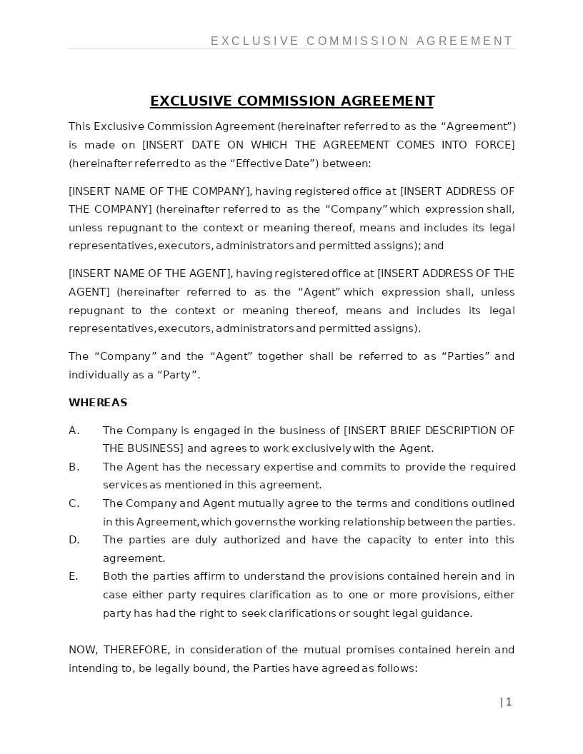 EXCLUSIVE COMMISSION AGREEMENT