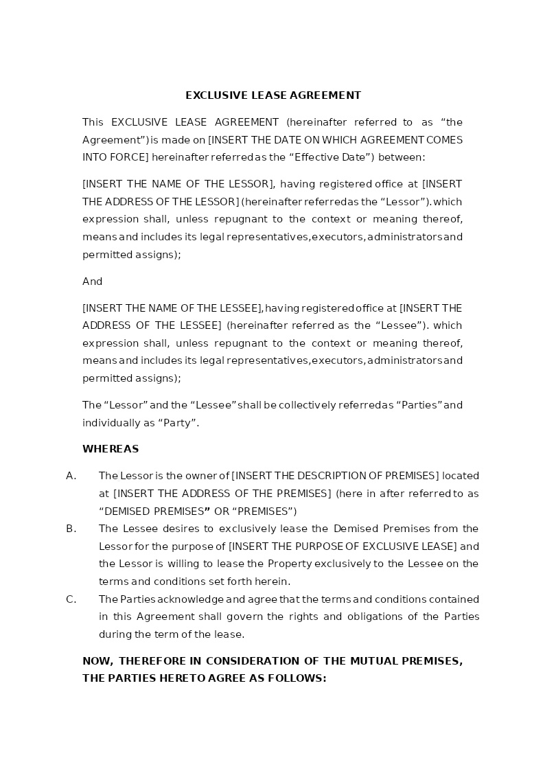 EXCLUSIVE LEASE AGREEMENT