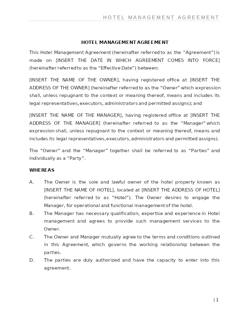 HOTEL MANAGEMENT AGREEMENT
