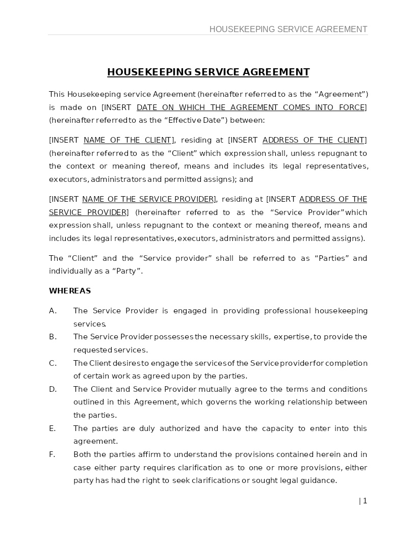 HOUSEKEEPING SERVICE AGREEMENT