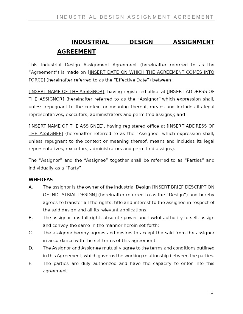INDUSTRIAL DESIGN ASSIGNMENT AGREEMENT
