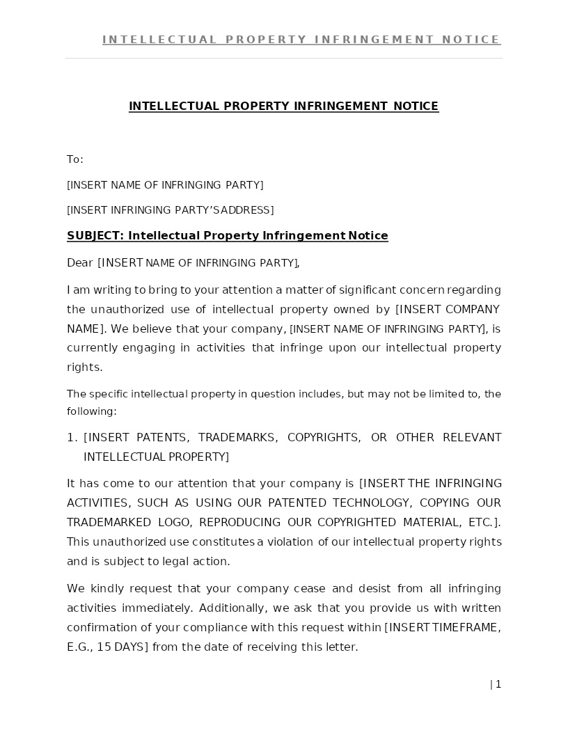 INTELLECTUAL PROPERTY INFRINGEMENT NOTICE