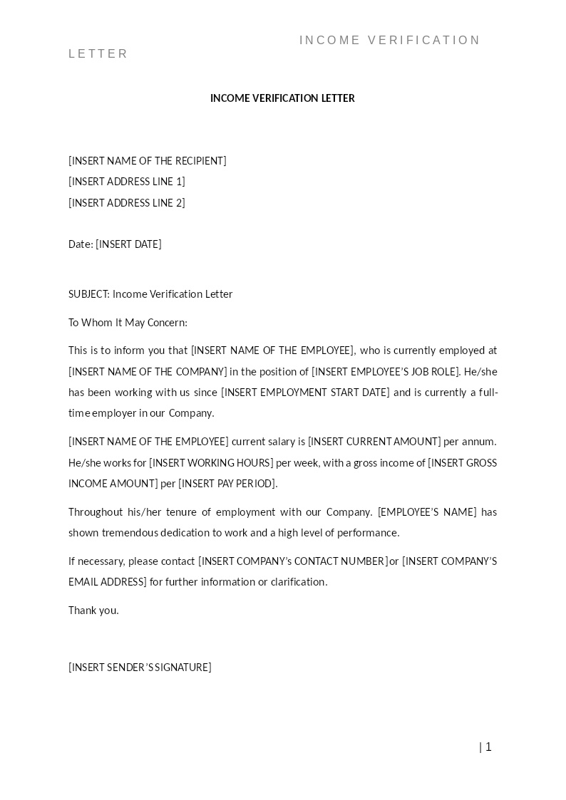INCOME VERIFICATION LETTER