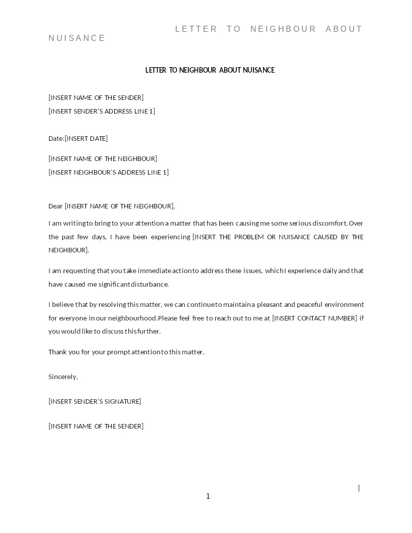 LETTER TO NEIGHBOR ABOUT NUISANCE