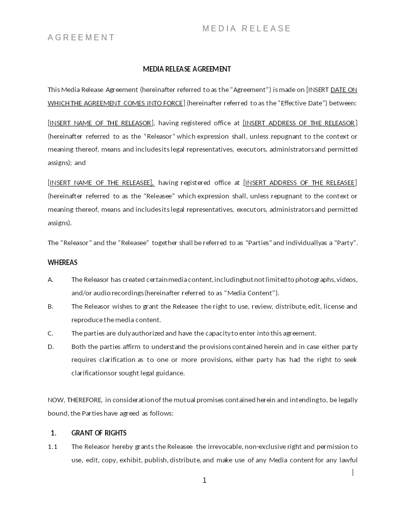 MEDIA RELEASE AGREEMENT
