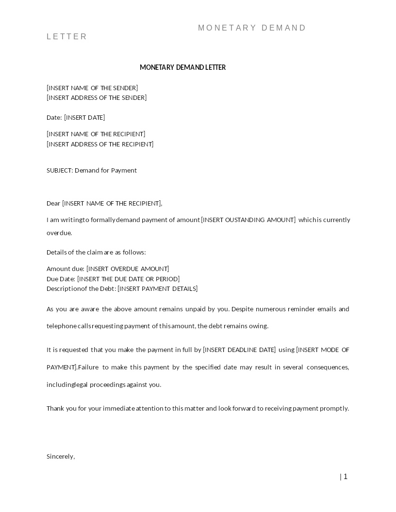 MONETARY DEMAND LETTER