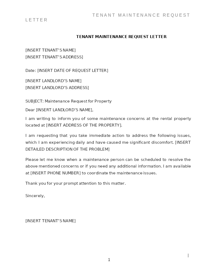TENANT MAINTENANCE REQUEST LETTER