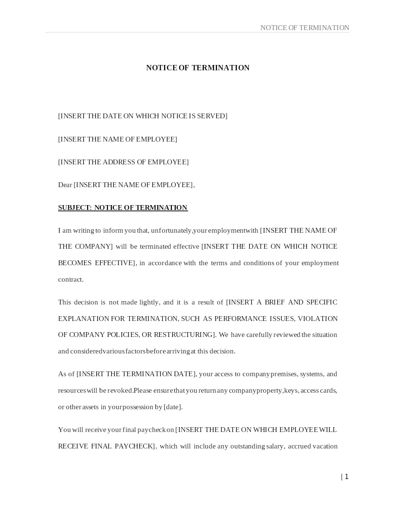 NOTICE OF TERMINATION- EMPLOYEE