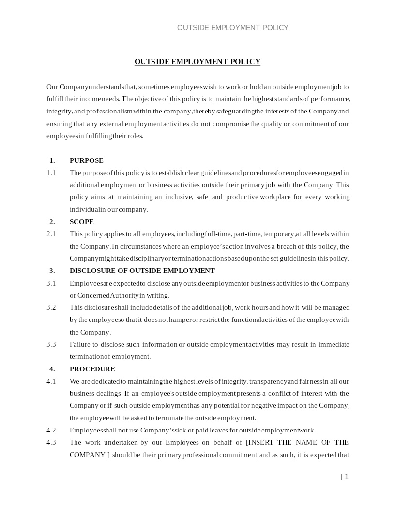 OUTSIDE EMPLOYMENT POLICY