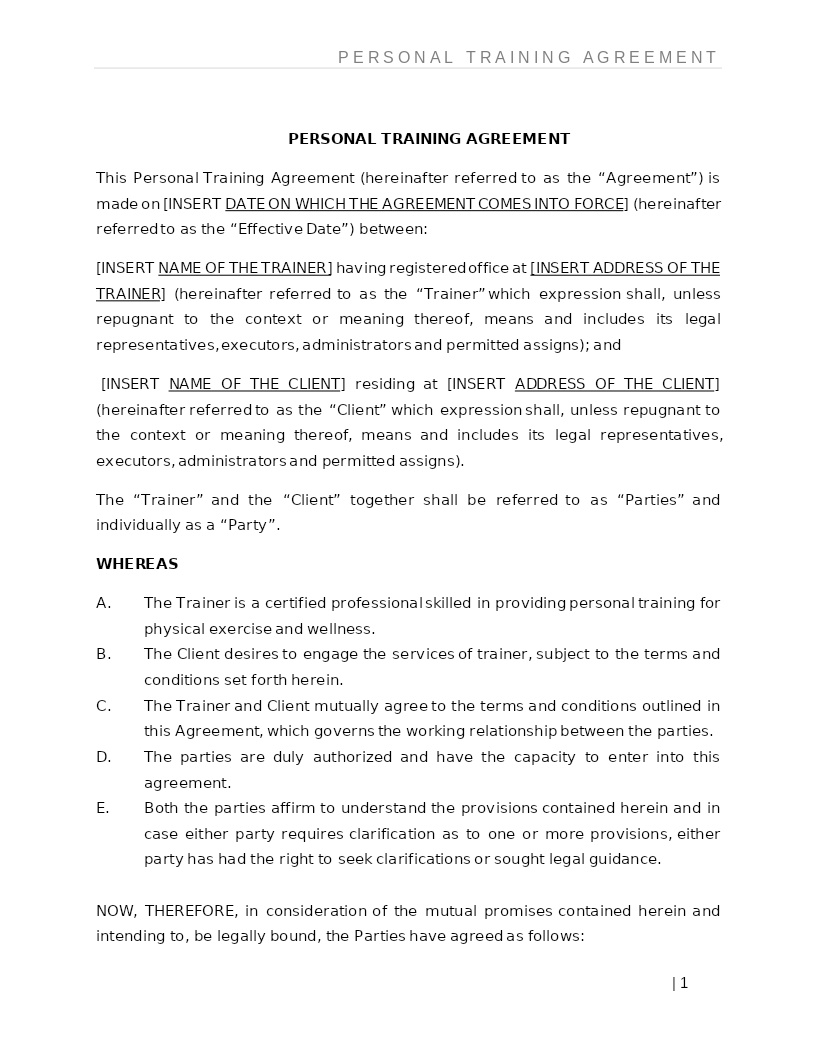 PERSONAL TRAINING AGREEMENT