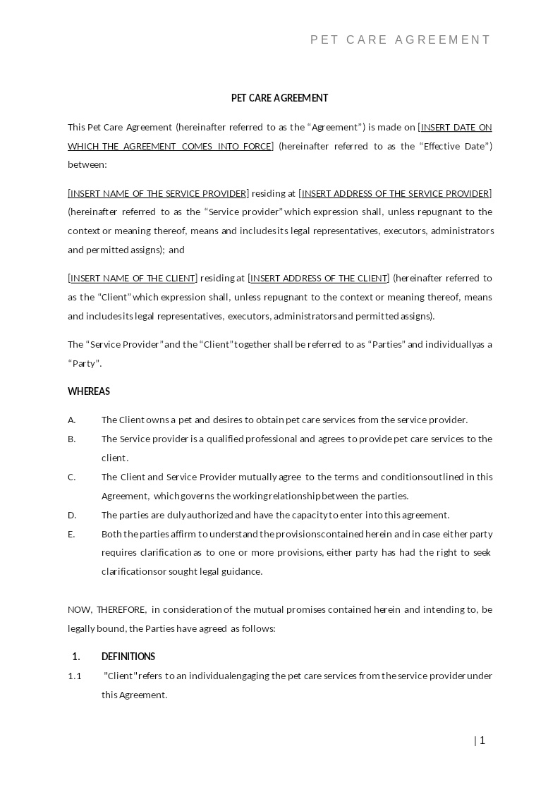 PET CARE AGREEMENT