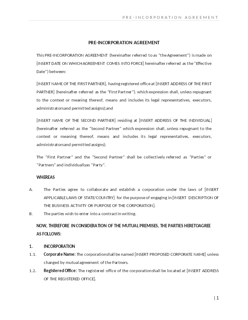 PRE-INCORPORATION AGREEMENT
