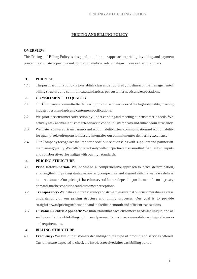 PRICING AND BILLING POLICY