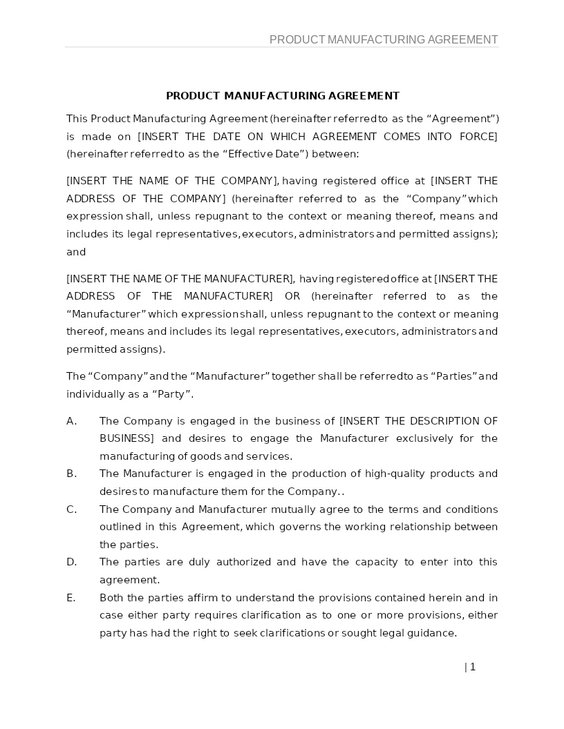 PRODUCT MANUFACTURING AGREEMENT