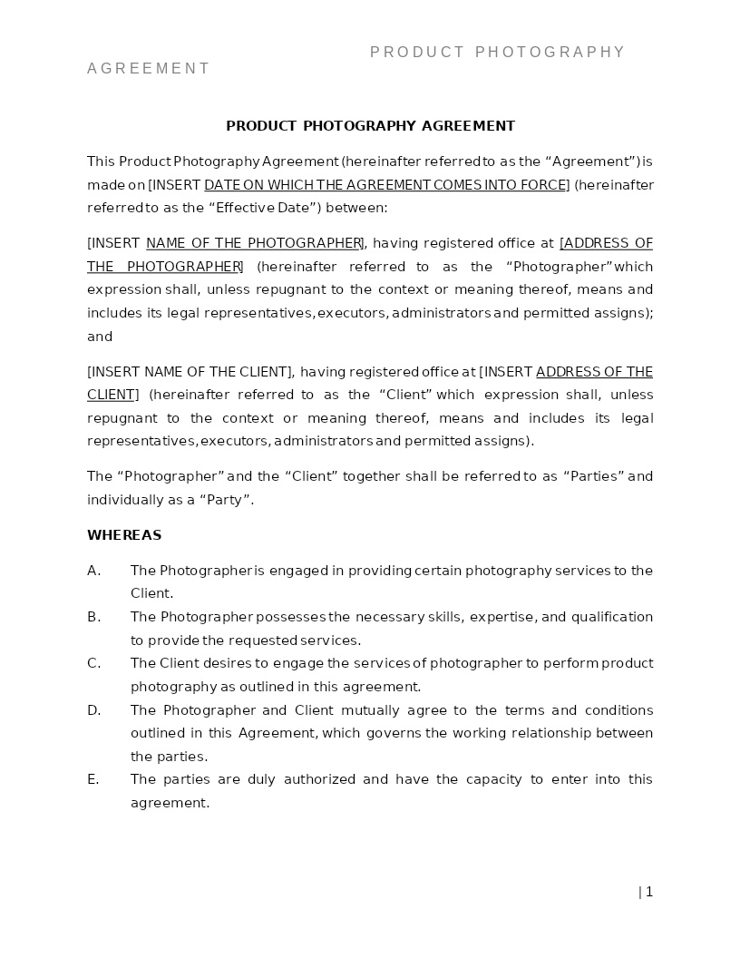 PRODUCT PHOTOGRAPHY AGREEMENT