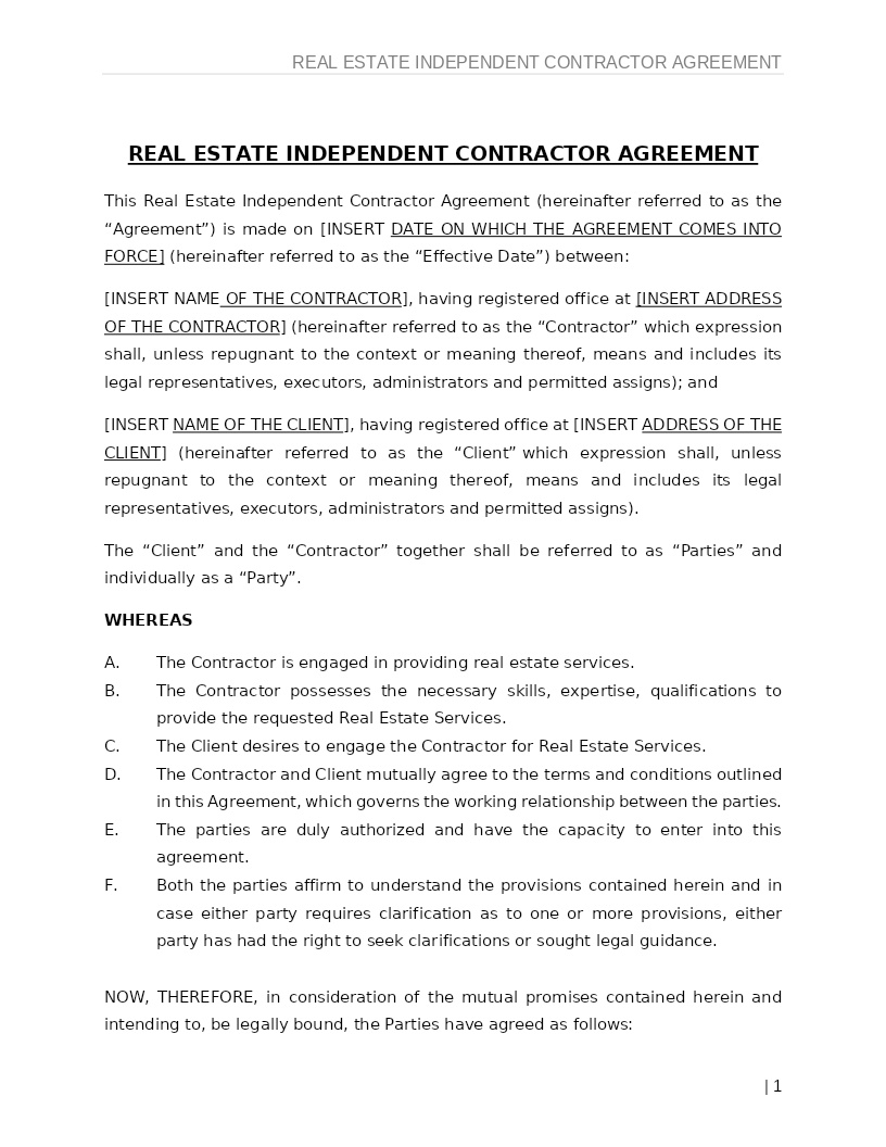 REAL ESTATE INDEPENDENT CONTRACTOR AGREEMENT