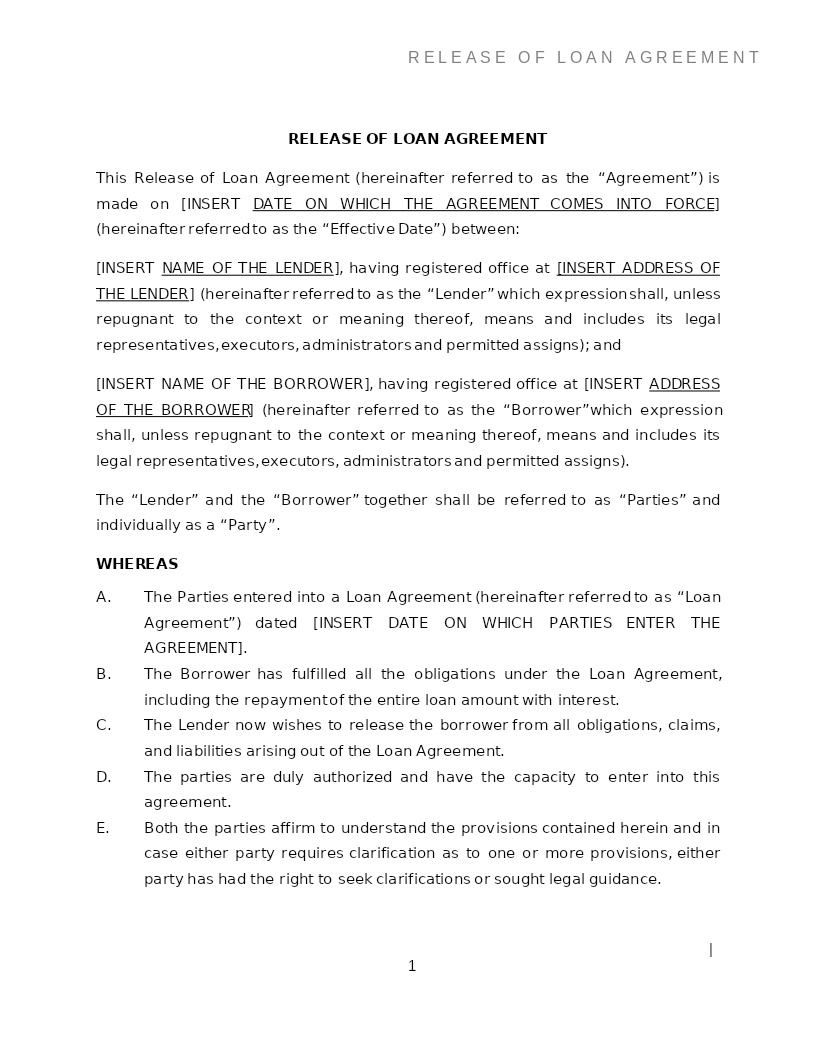 RELEASE OF LOAN AGREEMENT