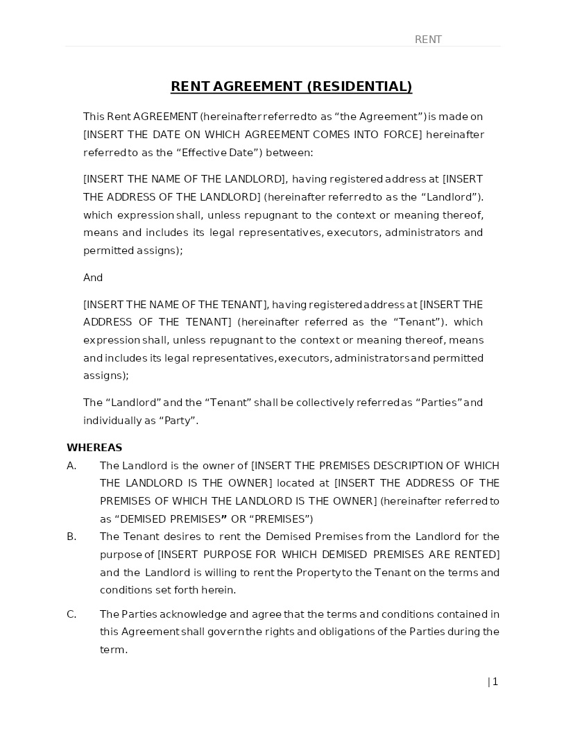 RENT AGREEMENT (RESIDENTIAL)