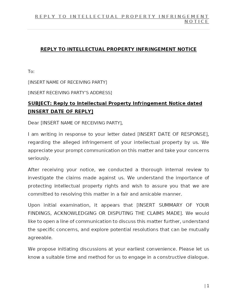 REPLY TO INTELLECTUAL PROPERTY INFRINGEMENT NOTICE